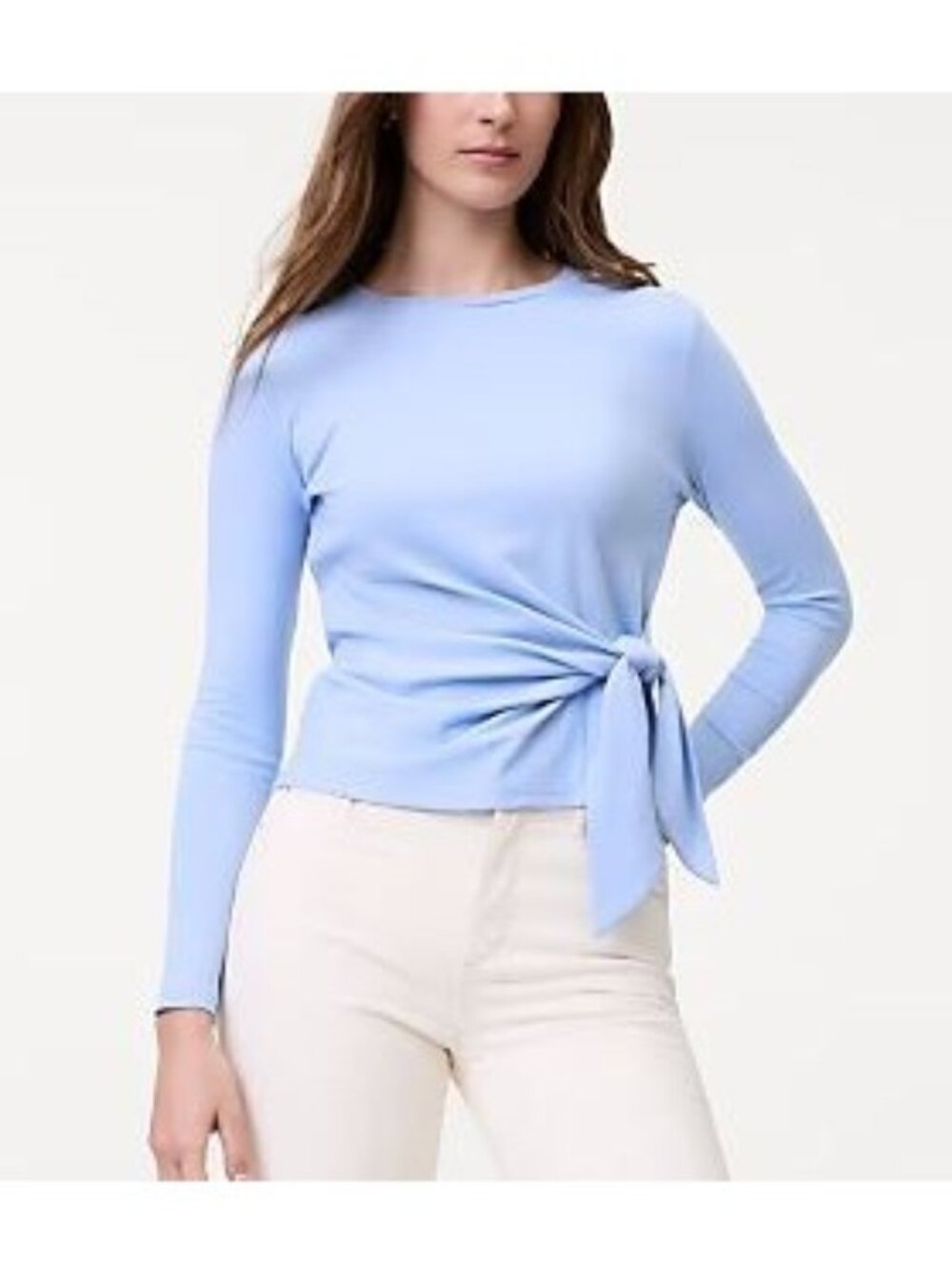 Ann Taylor Petite Weekend Tie Waist Top Women Size Medium NWT Long Sleeve Blue